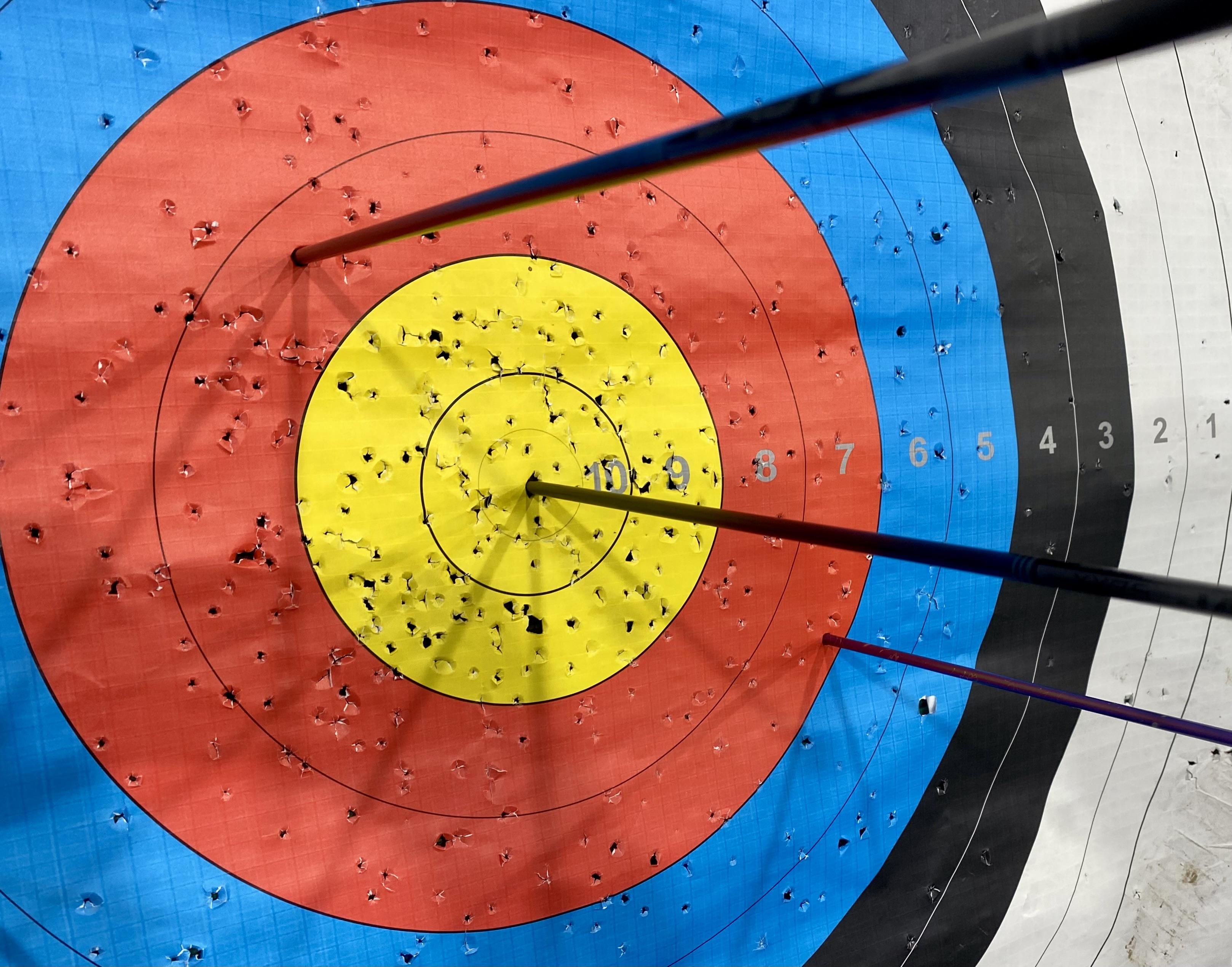 Target face with coloured scoring rings from white to yellow. Three arrows are stuck in the target: one in the yellow 10 ring, two in the red.
